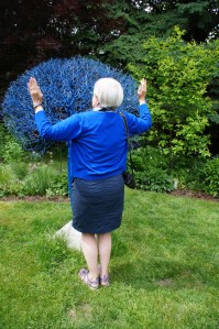 Here is Helen, one of our organizers, doing a blue thing.  The tree in the background was discovered at a curb.  The owners of this private garden rescued it, painted it blue, and called it garden art.  Talk about re-purposing!